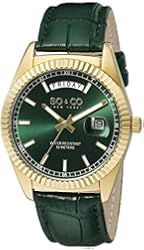 SO&CO New York Men's 5041.3 Madison Quartz 23K Gold-Tone Case Day and Date Green Leather Strap Watch