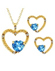 2.19 Ct Heart Shape Swiss Blue Topaz 18k Yellow Gold Pendant Earrings Set