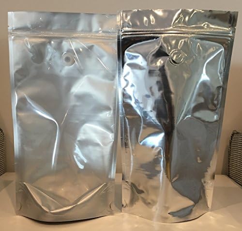 Silver/clear Mylar Stand up Bags Pouches with Valve and Zipper 6.5" X 11.5" X 3.5" (12 Oz) 100 Ct