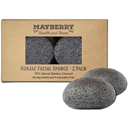 Konjac Exfoliating Sponge with Bamboo Charcoal - 2 Pack - 100% Natural Charcoal Face Sponge for Improving Skin's Look and Feel - Face Charcoal Sponge with Attached String
