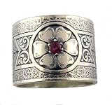Victorian Style Sterling Engraved Floral & Ruby 15.7mm Band, Size 9 1/2