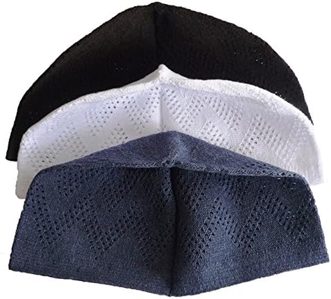 3x Muslim Cap Islamic Kufi Hat Taqiya Takke Peci Skull Caps - Dark Brown/White/Blue