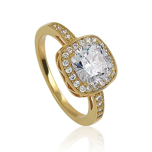 14K Yellow Gold Vermeil Cushion-Cut Cubic Zirconia CZ Ring - Nickel Free Valentine Engagement Ring