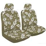 Set of 2 Universal-Fit Hawaiian Low Back Front Bucket Seat Cover With Separate Headrest Cover for Seats with Armrest - Tan Hawaii Hibiscus Floral Print
