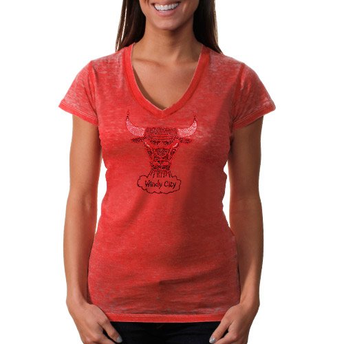 NBA Touch by Alyssa Milano Chicago Bulls Ladies Fade Route Burnout Crystals T-Shirt - Red (Small) at Amazon.com