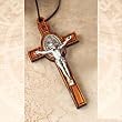 Saint Benedict 3" Wood Cruifix with Black Trim and Cord Necklace - Made in Italy