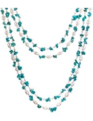 HinsonGayle "Maria" Handcrafted 2-Strand Turquoise and Cultured Pearl Rope Necklace and Earrings Set (Sterling Silver) (Artisan Collection, 40")