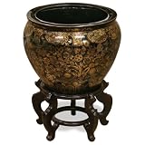 Hand Painted Porcelain Fishbowl Planter - Chinese Gold and Black Vine Motif, 16" Dia.