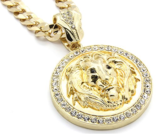 Mens Gold Tone Lion Face Black Eyes Pendant 30" 10mm Cuban Chain Necklace