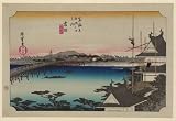 Canvas Print of historic Japanese Art: scaffolding around a temple building on the right and on the left people walking across a bridge spanning a river at the Yoshida station on the Tokaido Road