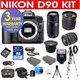 Nikon D90 12.3 MP Digital SLR Camera with Tamron 28-80mm f/3.5-5.6 Aspherical Lens + Tamron 75-300 f/4-5.6 LD Lens + Rokinon 500mm F/8 Lens with 2x Converter (=1000mm) + .42x Wide Angle Lens with Macro + +1, +2, +4, +10 4 Piece Macro Close Up Kit + 16 GB Memory Card + Multi-Coated UV Filter (2) + Multi-Coated Polarizer Filter + Digital Slave Flash + 50 Tripod + Deluxe Padded Camera Bag + 6 Piece Accessory Kit + 3 Year Celltime Warranty Repair Contract