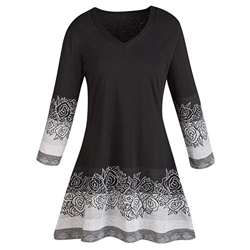 Women's Tunic Top- Black And White Rose Border Long Sleeve Blouse