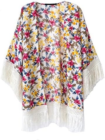 Babyhclub Women's Red Yellow Floral-print Contrast Tassel Blouse