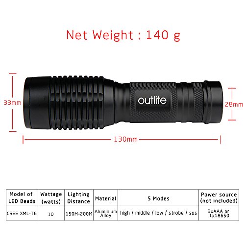 Outlite WT03 LED 2000 Lumen Handheld Flashlight, Cree XML T6 5 Mode Adjustable Focus Zoom Tactical Torch, Water Resistant Camping Lamp for Kinds of Outdoor Sports,Powered By 1pcs 18650 Or 3pcs AAA Battery (Not Included)