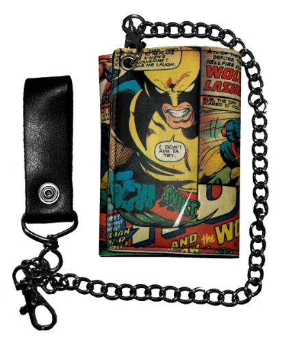 X-Men Wolverine Marvel Comics Retro Comic Panels Leather Trifold Wallet With Chain