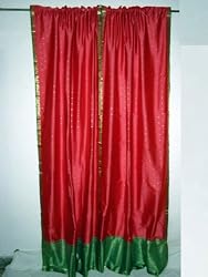 2 Fire Brick Red Art Silk Sari Curtains Chateau Green Border 96"