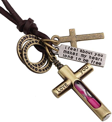 Nackiy Couples Fashion Alloy Cross Hourglass Leather Pendant Necklace(Pink)
