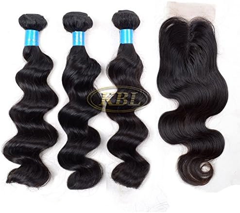 KBL® 7A Brazilian Loose Wave 3 Bundles with Lace Closure Middle Part 4*2.5 150% Density Brazilian Virgin Human Hair Black #1B (14"16"18" hair weft+8" lace closure)