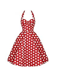Cocktail Halter Vintage Elasticized   Waistline Polka Dot Print Cotton  Dress