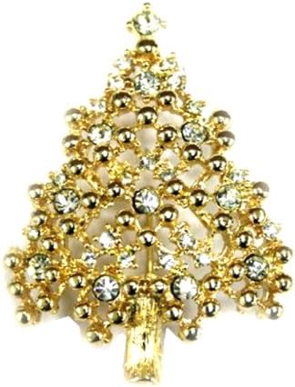 Sparkling Gold Tone Christmas Tree Pin With Rhinestone Ornaments