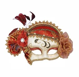 Forum Mardi Gras Costume Masquerade Venetian Half Mask With Feathers and Flowers, Red/White, One Size