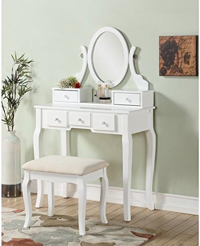 Ashley Wood White Makeup Vanity Table and Stool Set, White Finish