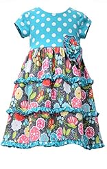 Girls Cap Sleeves Tiered Applique Jeweled Floral Print Dots Print Cotton/Spandex/Knit  Dress