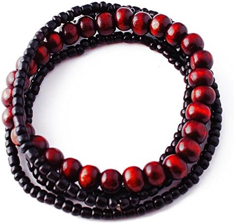 PerePaix RAVE Mens Two-Pack Bracelet Black 3 Wrap Seed Beads & Red Wood Beads