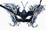 Venetian Blue Mask w/ Black Metal Laser-cut and Crystals on Eyes