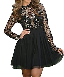 Sexy Flared-Skirt Long Sleeves Floral Print Lace Keyhole Skater Dress/Club Dress/Party Dress 