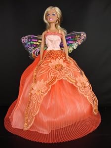 Orange Gown with Pleated Skirt with Sequined Accents and Sequined Butterfly Wings Made to Fit the Barbie Doll