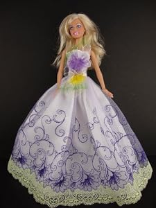Purple and White Dress with Spring Flowers on the Botice Made to Fit the Barbie Doll
