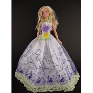 Purple and White Dress with Spring Flowers on the Botice Made to Fit the Barbie Doll Purple and White Dress with Spring Flowers on the Botice Made to Fit the Barbie Doll
