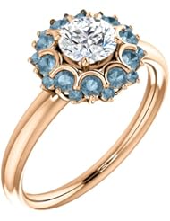 14K Rose Gold Round Cut White and Blue Diamond Flower Inspired Ring -- LIFETIME WARRANTY
