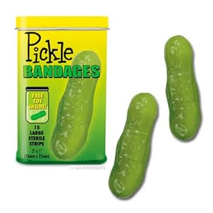 Pickle Adhesive Bandages in Tin Box with Free Toy Inside.