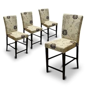 4 New Off White Beige Parson Bar Stools Chairs with a Floral Print and Cappuccino Espresso... by The Furniture Cove