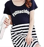 【産後に夏を迎えるママへ】カジュアル トップス ボーダースカート ドッキング ワンピース 便利な授乳口付 ネイビー 3サイズ (XL)