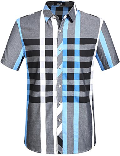 SSLR Men's Casual Short Sleeve Stripe Patch Shirt (Large, Blue Grey)