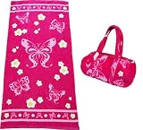 Strandtuch Set, Frottee Badetuch mit passender Frottee Tasche, pink combo
