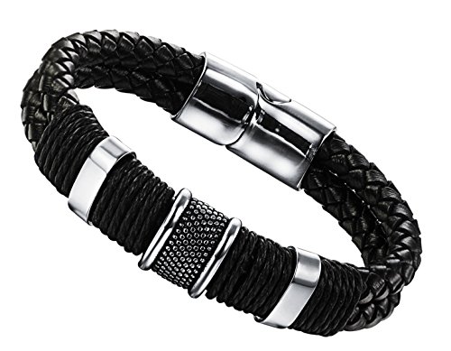 Mens leather punk rock bracelet 316l stainless steel ch…