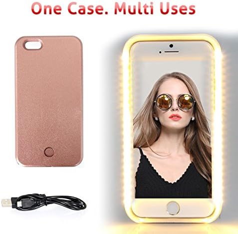 Walnut LED Lightning Selfie Phone Case, Fab for Selfies/Applying Make-Up/Flashlight/Videos/Facetime, Protects Phone & includes Charger For iPhone 6 Plus/6S Plus-Rose Gold