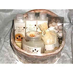 SWEET HONEY and SUNNY ALMOND AROMATHERAPY BATH, SPA and SHOWER RUSTIC COUNTRY HARVEST WOVEN CANE WOOD 6 Pc. GIFT BASKET SET / Pampering Shower Gel, Relaxing Bubble Bath, Quiet Time Bath Salts, Molded Bath Soap Bar, Tender Skin Body Scrub and Moisturizing Derma Care Body Lotion