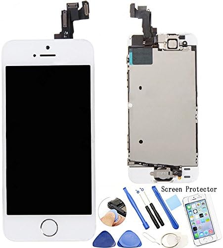 ReplaceDIY iPhone 5S LCD Display Touch Screen Digitizer Full Assembly Replacement with Home Button + Front Facing Camera Proximity Sensor+ Ear Speaker + Frame + Screen Protector + Repair Kits, White