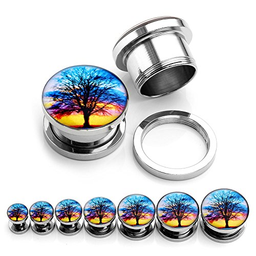 Xiufen Mens Womens Pair Punk Stainless Steel Screw Tunnels Ear Expander Stretcher Piercing Gauge (Tree of Life)