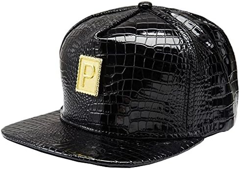 Unisex Hiphop Punk Dance Metal Logo PU Leather Flat Brim Snapback Cap Hat Black