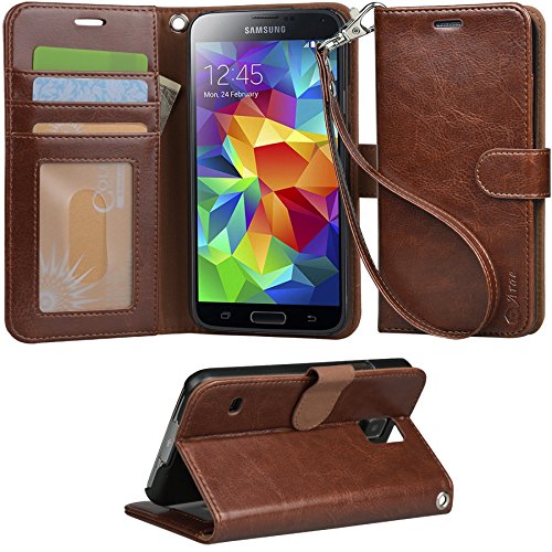 Arae Slim Flip Folio PU Leather Wallet Case for Galaxy S5 i9600, Brown