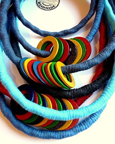 Unique/ Yarn wrapped necklace/ Wooden rings/ Street style/ African Style/ Tribal/ Hippie/ Hipster/ Funky