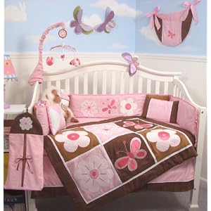 SoHo Pink & Brown Floral Garden Crib Nursery Bedding Set 10 pcs **Reversible Into Morden Pink & Brown Polka Dot Designs !**