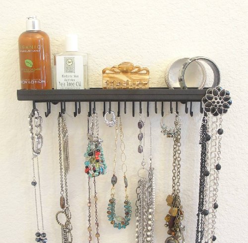 (ATH-Black) Angelynn's Wall Mount Necklace Holder Rack - Hanging Jewelry Organizer - Storage Caddy - Jewelry Display Stand
