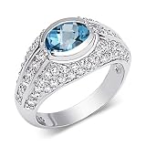 Majestic 1.50 carats total weight Oval Shape Checker Board London Blue Topaz & White CZ Size 8 Gemstone Ring in Sterling Silver